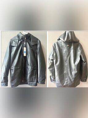 BV BOTTEGA VENETA REMOVEABLE HOOD FLAP POCKET ZIP UP FAUX LEATHER JACKET M~NWT